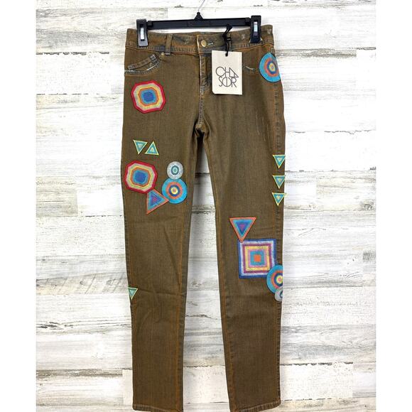 Revolve Chaser Women’s 27 Green Patched Boho Skinny Denim Jeans Retro NWT - Picture 2 of 7